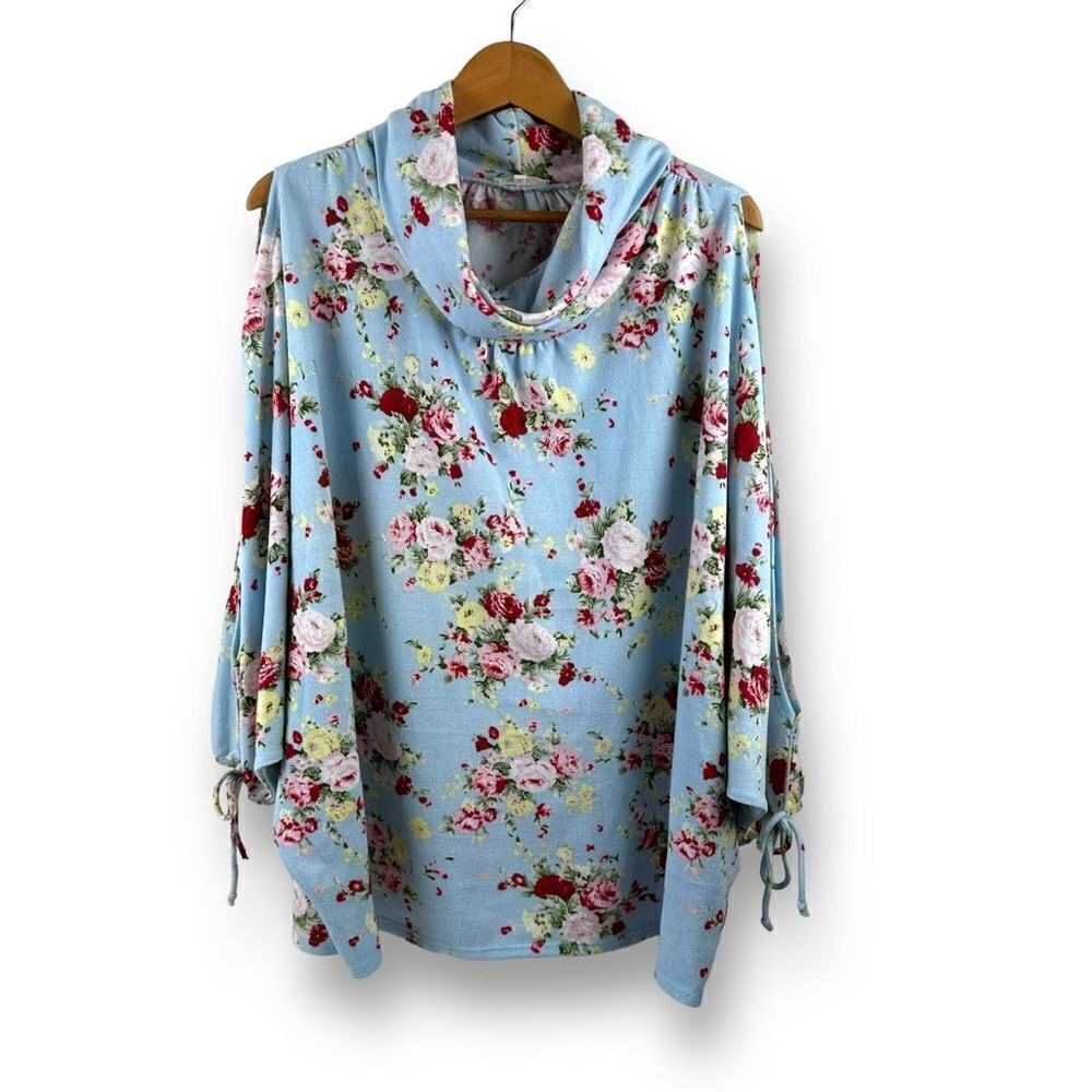 Easel Women's Size M Cowlneck Blouse Blue Rosette Floral Cutout Tie Sleeve‎
